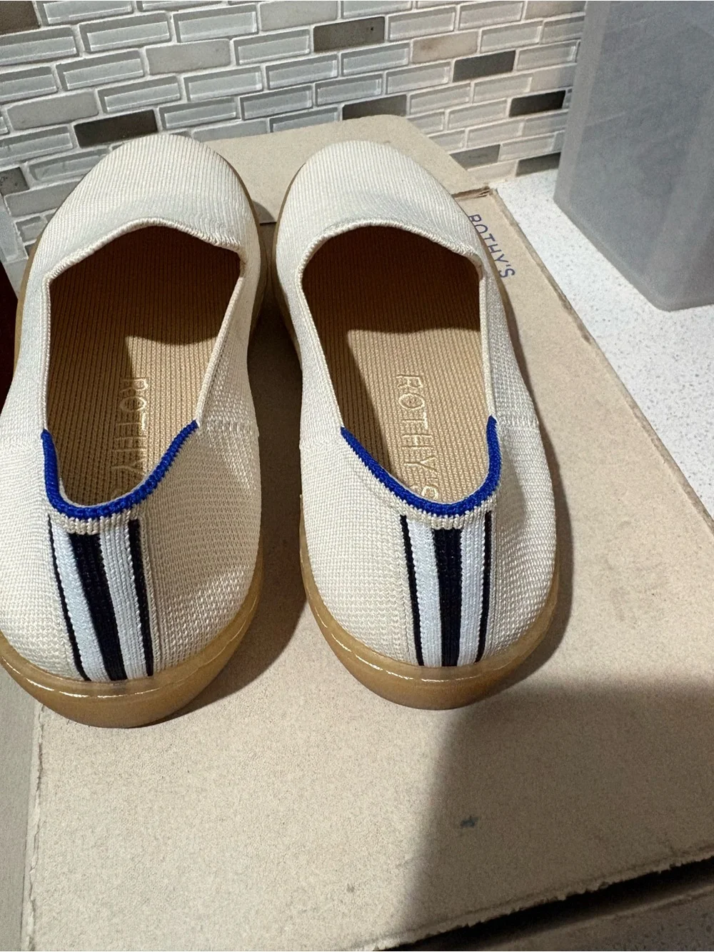 Rothy's Cream Espadrille Flats with Blue and Black Stripes